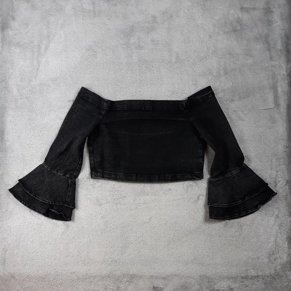 Zara Woman Black Denim Bell Sleeve Crop Top S - Picture 2 of 9